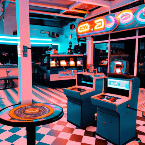 “Eat a pastry, drink your coffee and enjoy a game.” #retro #retrowave #arcade #oldschool #metro #coffee Bar Arcade Design, Vintage Arcade Room, Old School Arcade, Arcade Table, Arcade Bar, Arcade Room, Retro Arcade, Player 1, Retro Waves