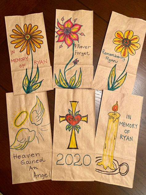 Free hand memorium drawings on brown paper bags for “paper bag lantern” tribute. Decorating Paper Bags, Paper Bag Design Diy, Paper Bag Crafts For Adults, Decorate Paper Bag, Brown Paper Bag Crafts, How To Print On Brown Paper Bags, Lunch Bag Drawings Brown Paper, Decorating Plain Gift Bags Brown Paper, Print On Brown Paper Bag