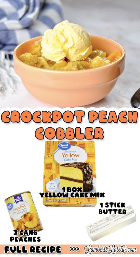 crockpot peach cobbler, with pictures of ingredients. Crock Pot Peach Cobbler, Dump Cake Crockpot, Crockpot Cake Recipes, Can Peaches Recipes, Crockpot Cobbler, Crockpot Peach Cobbler, Slow Cooker Cake, Crockpot Cake, Cake Mix Cobbler