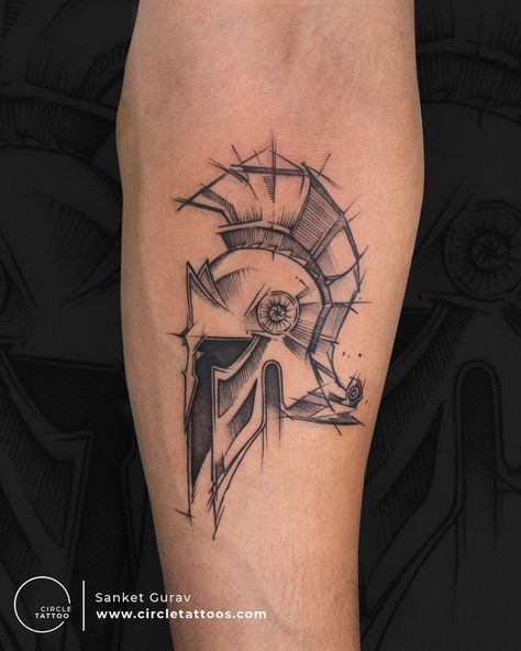 Spartan Helmet Tattoo, Band Tattoos For Men, Gothic Tattoos, Joker Tattoo Design, Women Circle, Helmet Tattoo, Sketch Style Tattoos, Spartan Tattoo, Circle Tattoo