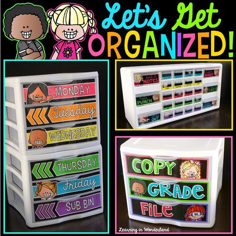 Teacher Organization | Learning In Wonderland Sterilite Drawers, Teacher Toolbox Labels, Organized Classroom, Teachers Toolbox, Drawer Labels, Vocational School, Rainbow Chevron, Classroom Organisation, Classroom Storage