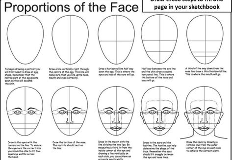 Drawing Tips 101: How to Get Better at Drawing Proportions Worksheet, Art Handouts, Facial Proportions, Face Proportions, 얼굴 그리기, Drawing Heads, Art Worksheets, Middle School Art, Human Face