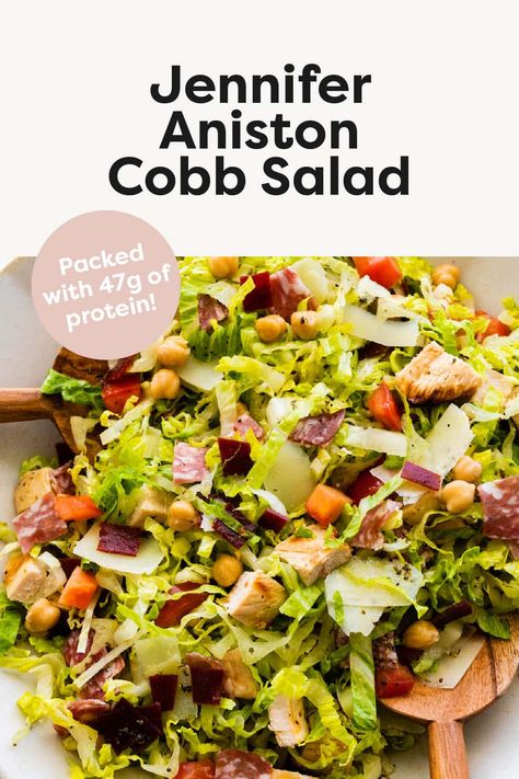 This protein Cobb salad packs in over 45 grams of protein! It's loaded with romaine lettuce, chicken, turkey bacon, chickpeas, salami, tomatoes and cheese all tossed in a simple Italian dressing. Jennifer Aniston Salad Dressing, Jennifer Aniston Cobb Salad Recipe, Adding Protein To Salads, Jennifer Aniston Salad, Romaine Salad Recipes Chicken, High Protein Cobb Salad, Healthy Chicken Cobb Salad, Cobb Salad With Salmon, High Protein Salads