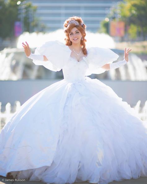 Giselle Cosplay, Disney Princess Gowns Real Life, Disney Princess Cosplay Ball Gowns, Disney Maid Marian Cosplay, Giselle Enchanted Cosplay, Enchanted Wedding Dress, Disney Princess Dresses Real Aurora, Princess Academy, Disney Belle