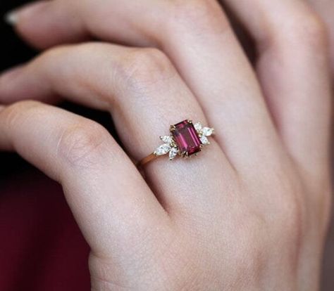 Emeral Ring, Engagement Ring Emerald Cut, Garnet Color, Engagement Ring Emerald, Garnet And Diamond Ring, Garnet Engagement Ring, Red Garnet Ring, Ring Emerald Cut, Floral Engagement Ring