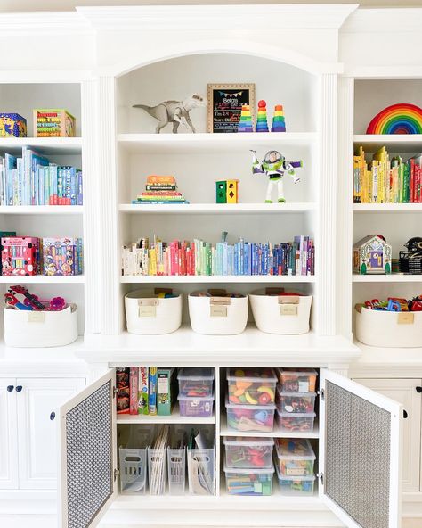 Playroom where everything is in its place = more time for actual play 🙌 ⠀⠀⠀⠀⠀⠀⠀⠀⠀ Giving every item a home ensures that organizational… | Instagram Toy Room Built In Storage, Modern Playroom Storage, Playroom Storage Built In, Built In Cabinets Playroom, Functional Playroom Ideas, Bonus Room Playroom Ideas, Multifunctional Playroom, Built In Playroom, Large Playroom Ideas