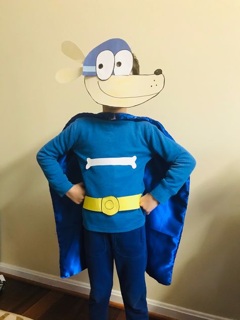 Homemade mask and costume with bone and belt construction paper cut outs, stuck to blue shirt with double sided tape Dogman Costume, Knight Costume Diy, Parade Costumes, Crochet Halloween Costume, Book Characters Dress Up, Classic 80s Movies, Paper Cut Outs, Character Dress Up, Dog Man