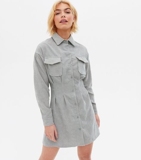 Shirt Mini Dress, Grey Shirt Dress, Gray Shirt, Woman Dress, Celebrity Names, Mini Shirt Dress, Grey Shirt, Cuff Sleeves, Fit And Flare