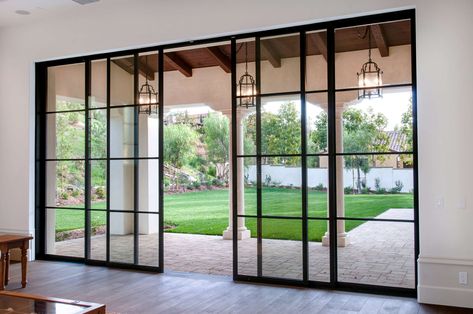 Custom Steel Sliding Doors | Euroline Steel Windows Sliding Doors Exterior, Sliding Door Design, Modern Mediterranean, Doors Exterior, Entry Ways, Sliding Closet, Steel Windows, Sliding Glass Doors, Open Living Room