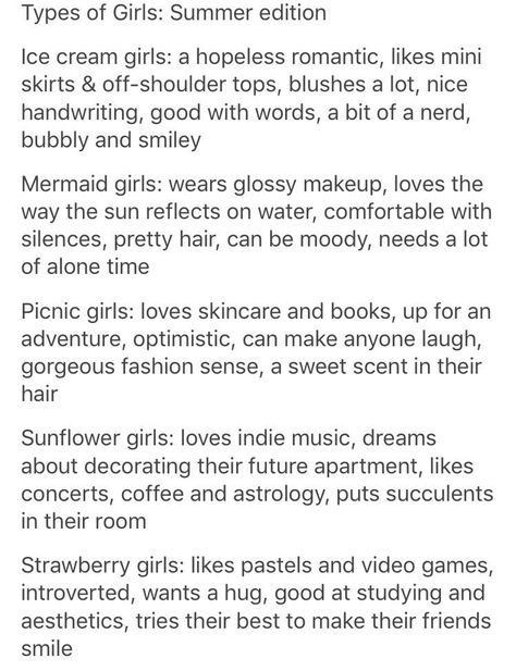 Mermaid Worldbuilding, Descriptions Of People, Types Of Ice Cream, Types Of Ice, Types Of Aesthetics, Writing Characters, Writing Challenge, Types Of Girls, Book Writing Tips