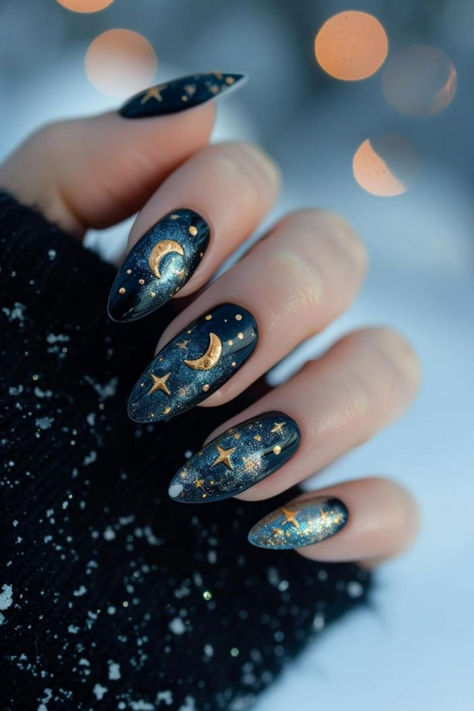 Starry Night Romance Nails For Valentine’s Day Almond Nails Space Theme, Day And Night Nail Art, Night And Day Nails, Purple Sky Nails, Night Nails Design, Dark Purple Homecoming Nails, Purple Celestial Nails, Day And Night Nails, Celestial Nail Art Starry Nights