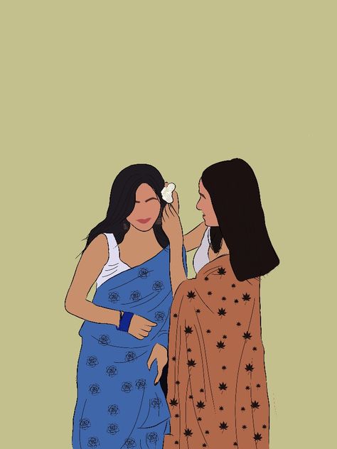 Cute Doodle Art Friends, Desi Cartoon Aesthetic, Two Friends Aesthetic Cartoon, Best Friends Photos Cartoon, Sister Illustration Art, Girly Drawings Aesthetic, Friendship Illustration Art, Desi Drawing, Indian Girl Illustration