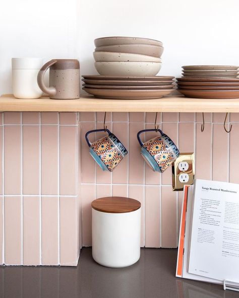 Chevron Backsplash, Pink Fridge, Pink Cabinets, Kitchen Projects Design, White Fridges, Cute Curtains, Woven Chair, Fireclay Tile, Pink Curtains