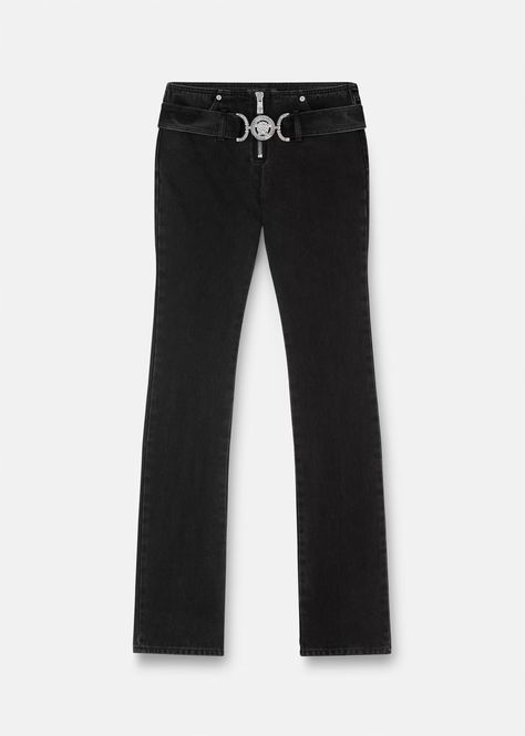 Versace Women's Medusa '95 Jeans in Black | Versace GB Versace Pants, Womens Pants Design, Designer Jeans For Women, Luxury Clothes Men, Studded Denim, Versace Home, Printed Trousers, Shorts For Women, Pants Design