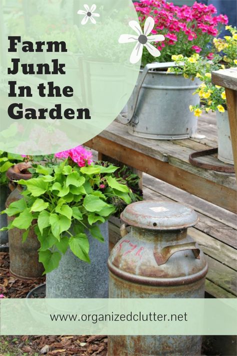 Backyard Junk Garden, Garden Accents Outdoor, Farm Garden Decor, Antiques In Garden, Garden Decor Ideas Rustic, Vintage Garden Decor Farmhouse, Junk Garden Ideas Diy, Garden Junk Repurposed, Vintage Garden Decor Farmhouse Style