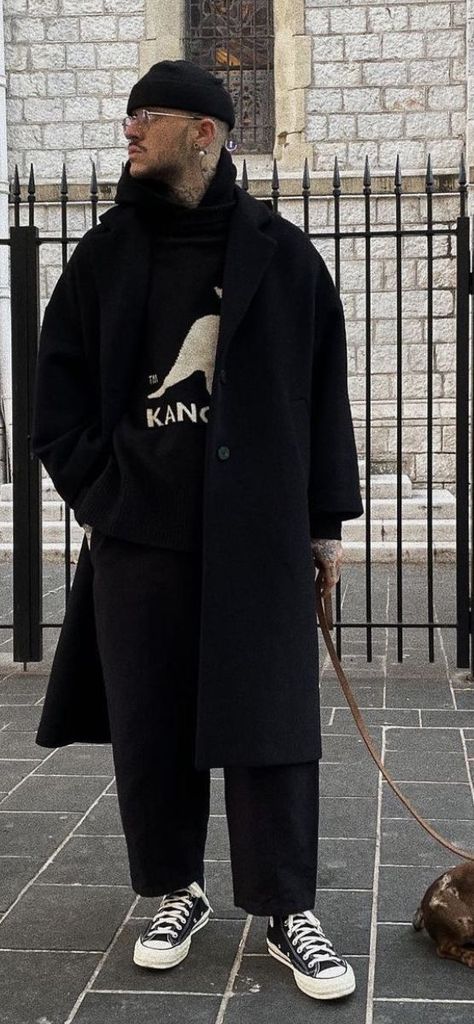 Trench Coat Sneakers Outfit Men, Men Long Coat Street Style, Black Wool Coat Outfit Men, Pee Coat Outfits Mens, Big Coat Outfit Men, Mens Nyc Winter Outfits, Black Trench Coat Outfit Men Casual, Mens Winter Outfits 2023, All Black Club Outfit Men