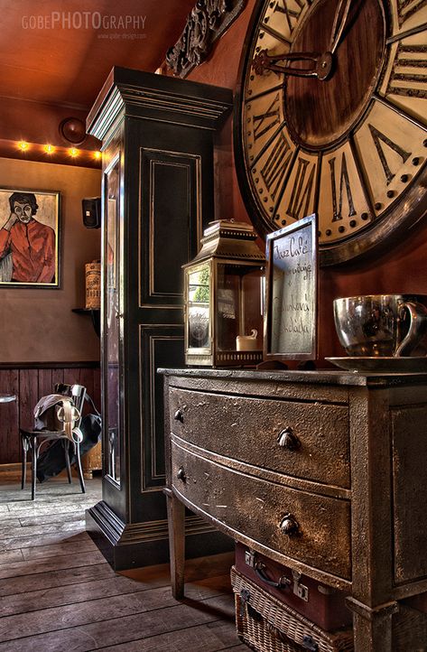 Steampunk Cafe, Steampunk Interior Design, Steampunk Interior, Jazz Cafe, Around The World In 80 Days, Traditional Furniture, Old World Charm, Antique Dresser, Victorian Era