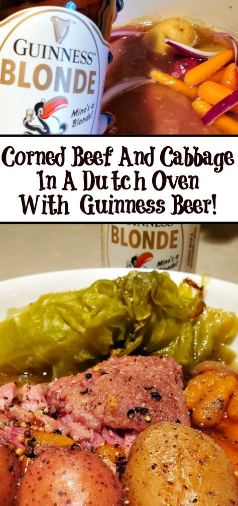 This Corned Beef And CabbageIn A Dutch Oven With Guinness Beer!  A tasty twist on a classic St Patricks day dinner, the blonde Guinness adds amazing flavor!  #stpatricksday #dutchoven #cornedbeef #cornedbeefandcabbage St Patricks Day Dinner, Dutch Oven Corned Beef, Corned Beef Recipes Slow Cooker, Dutch Oven Recipe, Boiled Dinner, Cooking Corned Beef, Corn Beef, Corned Beef And Cabbage, Oven Recipe