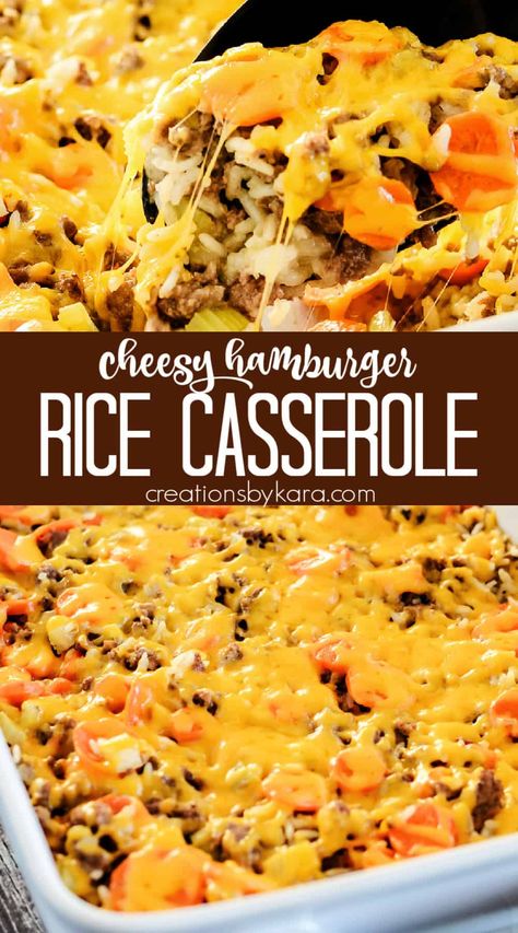 Best Hamburger Rice Casserole - a homemade sauce makes this rice casserole extra tasty! Ground beef, rice, veggies, and plenty of cheese combined into one creamy dish. No canned soup required. #hamburgerricecasserole #groundbeefricecasserole #groundbeefrice #hamburgerricehotdish #ricecasserole -from Creations by Kara Hamburger And Rice Recipes, Casserole Dish Recipes, Hamburger Rice Casserole, Rice Casseroles, Hamburger Rice, Casseroles Recipes, Rice Dishes Recipes, Easy Casseroles, Easy Casserole Dishes