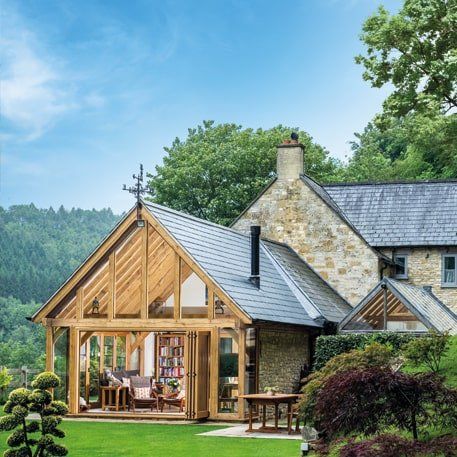 Oak Garden Rooms and Oak Framed Buildings Cottage Side Extension, Oak Frame Extension Ideas, Garden Room Extension, Oak Framed Kitchen Extension, Oak Framed Houses Uk, Oak Framed Annexe, Prime Oak, Oak Framed Extensions, Cottage Extension