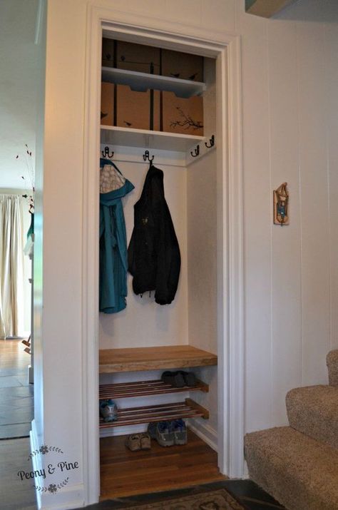 Small Entry Closet Makeover, Coat Closet Organization Front Entry, Coats Closet, Luxury Mudroom, Small Coat Closet Ideas, Entrance Closet, Coat Closet Makeover, Mini Mudroom, Coat Closet Ideas