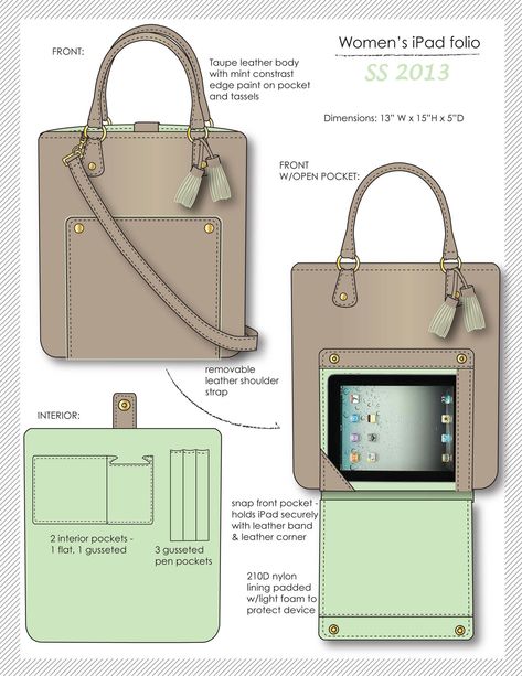 Womens Accessories by Stephanie Sanford at Coroflot.com Vintage Inspired Handbags, Leather Handbag Patterns, Portfolio Bag, Leather Working Patterns, Sewing Case, Fashion Design Template, Bag Illustration, Leather Bag Pattern, Marbella Spain