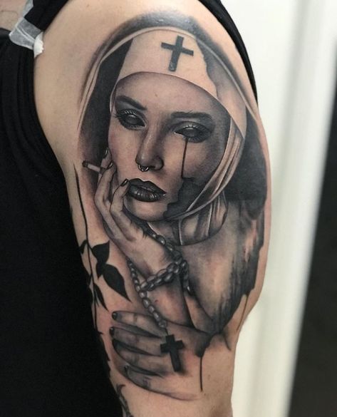 Laura Ortiz Tattoo Demonic Nun Tattoo Design, Demonic Nun, Laura Ortiz, Nun Tattoo, Tattoo Sleeves, Different Tattoos, Simple Iphone Wallpaper, Tattoo Ink, Blackwork Tattoo