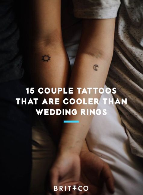 15 couple tattoo ideas that are cooler than wedding rings. Couple Tattoo Side Rib, Delicate Couple Tattoo, Tiny Couple Tattoos Unique, Unique Wedding Tattoos, Joining Tattoos For Couples, Small Wedding Tattoo Ideas, Small Anniversary Tattoo Ideas, Couples Meaningful Tattoos, 20th Anniversary Tattoo Ideas