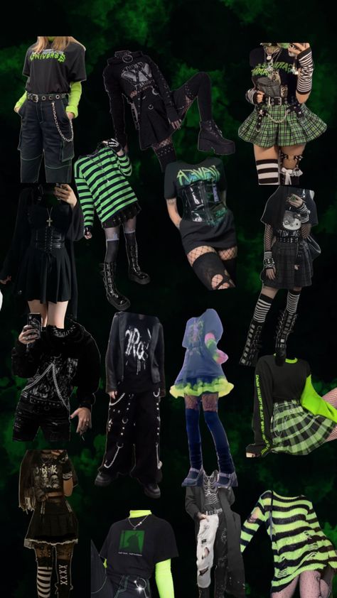 Black And Green Alt Outfit, Green And Black Grunge Outfit, Green Goth Aesthetic Outfit, Green Day Concert Outfit Ideas, Green Alt Outfits, Green Emo Outfits, Green Punk Outfits, Green Goth Outfit, Green Punk Aesthetic