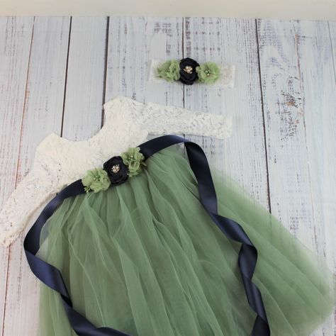 "Sage Tulle & Lace Flower Girl Lace Dress  The lace bodice comes in a \"soft white\" only and is barely off white.  the attached tulle comes in a variety of colors.  See Pictures  Dress with Plain Sash  Dress as description below with a satin sash ribbon.     Dress with Multi Flower Sash your choice of flowers. Center flower is Navy side flowers you can change.    Dress as described below with navy and sage flowers with some greenery attached to a navy satin ribbon. .   Dress with Multi Flower S Sage Flower Girl Dress, Peach Flower Girl Dress, Navy And Sage, Bridesmaid Dress Navy, Navy Flower Girl, Flower Girl Dresses Navy, Sage Flowers, Headband Dress, Flower Girl Dress Tulle