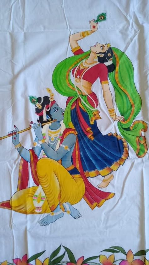 Radha Krishna Painting On Fabric, Radha Krishna Fabric Painting, Fabric Colour Painting, Saree Painting Designs, Flower Pattern Drawing, Abstract Tree Painting, Saree Painting, Fabric Painting Techniques, Dancing Drawings