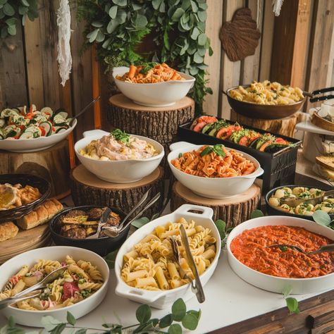 5 Essential Tips for the Perfect Pasta Bar Buffet: Your Ultimate Guide - Home Buffet Food, Food Presentation Ideas At Home, Pasta Wedding Buffet, Italian Food Bar, Home Buffet Set Up Ideas, Wedding Buffet Displays, Bar Buffet Ideas, Dinner Buffet Ideas, Pasta Bar Party