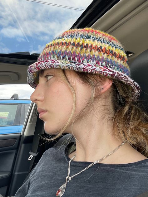 crochet, crocheting, crochet inspo, crochet inspiration, scrao yarn bucket hat, crochet mohair bucket hat, bucket hat, spring crochet 2023, fashion 2023, aesthetic, colorful crochet idea, scrao yarn project, yarn, textile art, art, spring crochet inspo, crichet ideas, crochet hat, hat crocheted Crochet Binnie Aesthetic, Winter Bucket Hat Crochet, Crochet Hat Aesthetic, Yarn Bucket Hat, Crotchet Hat, Crochet Bucket Hat Pattern, Crochet Mohair, Knit Bucket Hat, Bucket Hat Crochet