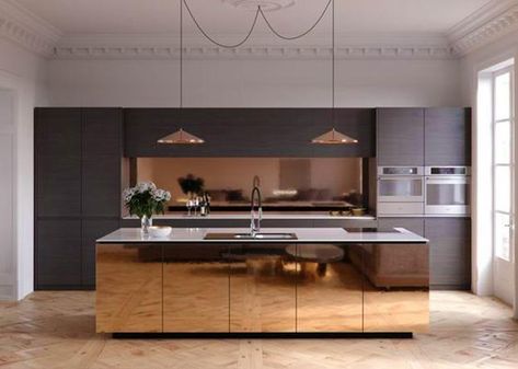 Stylish Copper and Bronze Colors, Metal Accents Enhancing Beautiful Kitchen Designs Modern Konyhatervezés, Minimalist Dekor, Minimalist Kitchen Design, Interior Minimalista, Best Kitchen Designs, 아파트 인테리어, Simple Kitchen, Luxury Kitchens, Minimalist Home Decor