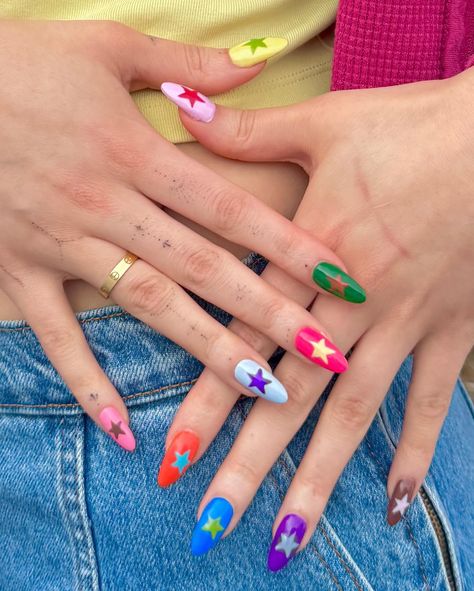 It’s a funky nails & freckles kinda day ⭐️🍭🍓 Minimalist Nails Colorful, Fun Colourful Nails, Colorful Summer Nail Designs, Colourful Nails For Summer, Cute Funky Nails Almond, Colorful Star Nails, Dopamine Nails, Funky Acrylic Nails, Multi Coloured Nails