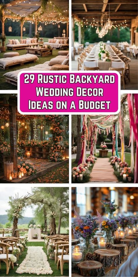 Discover 29 budget-friendly Rustic Backyard Wedding Decor Ideas to create a charming and unforgettable outdoor celebration. From DIY lighting to natural centerpieces, these tips will help you achieve a beautiful rustic ambiance without breaking the bank. Perfect for couples who love the simplicity and warmth of rustic style. Pin now for inspiration and start planning your dream backyard wedding! Backyard Wedding Country Rustic Outdoor, Simple Rustic Outdoor Wedding, Outdoor Nature Wedding Ideas, Simple Woodsy Wedding Decor, Farm Wedding Decor Ideas, Backyard Theme Wedding, Wedding Fire Pit Ideas, Diy Outdoor Wedding Decor, Backyard Micro Wedding Decor