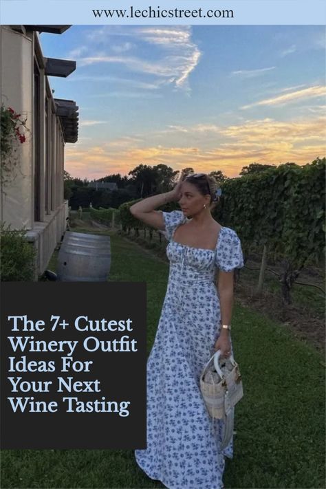 The 7+ Cutest Winery Outfit Ideas For Your Next Wine Tasting. Not sure what to wear for your next winery trip. Whether it be for a girls trip aesthetic or a date outfit ideas, there are over 7 ideas for a winery day. Lots of cute winery outfits for a date outfit summer or a girls trip summer. Lots of cute dresses that will give you the wine aesthetic while you enjoy your glass of wine. #wineryoutfit #girlstripaesthetic #dateoutfitideas #winery Tuscan Winery Outfit, Vineyard Date Outfit, Summer Wine Tasting Outfit Black Women, Wine Tasting Outfit Spring Casual, Oregon Winery Outfit, Winetasting Outfits Spring, Napa Valley Aesthetic Outfit, Blue Winery Outfit, What To Wear To A Winery In The Spring