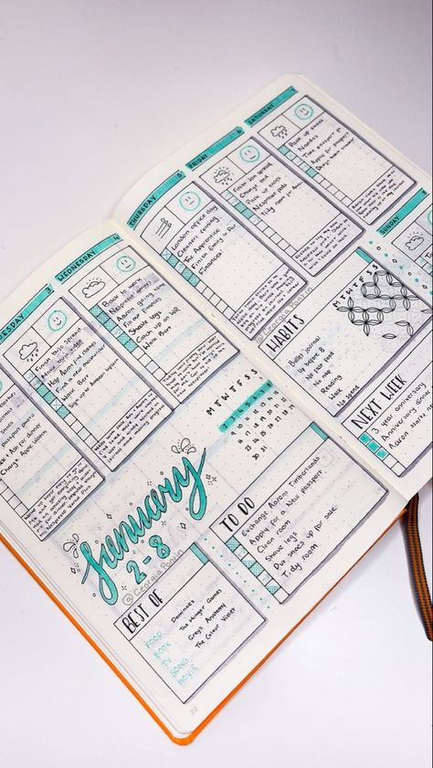 Daily To Do List Journal Ideas, 2024 Journal Layout, To Do List Journal Layout, Bujo Index Page Layout, Daily Planner Journal Layout, Easy Bujo Spreads, January Bujo Weekly Spread, Aesthetic Bujo Spreads, Journal To Do List Layout