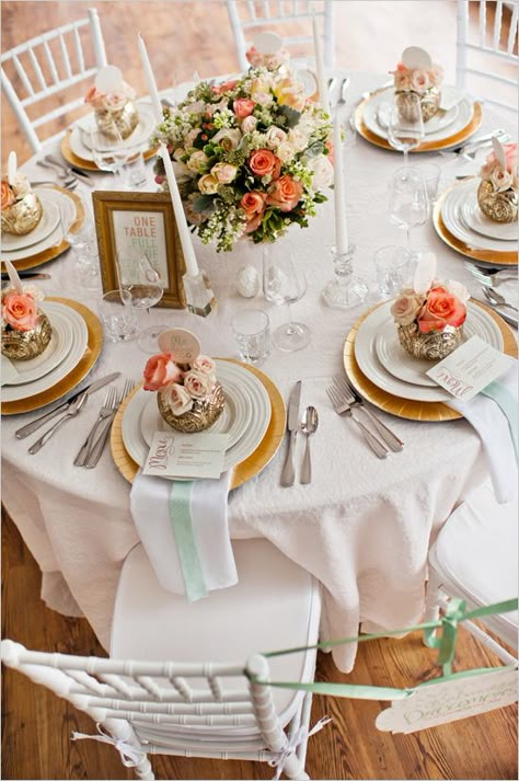 peach and gold table decoration ideas. Romantic Mint, Peach and Gold Wedding Ideas Spring Wedding Tablescapes, Gold Table Decorations, Vintage Wedding Colors, Gold Table Setting, Coral Wedding, Peach Wedding, Wedding Chicks, Wedding Table Decorations, Wedding Table Settings