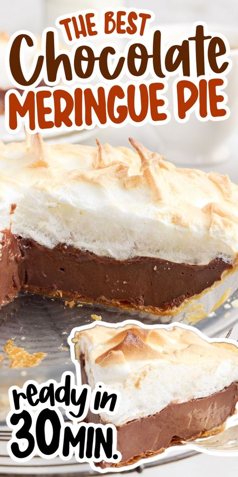 Make chocolate meringue pie in just 30 minutes with ingredients you already have. Each bite is rich, creamy, and filled with pure nostalgia. Cold Pies, Homemade Chocolate Pie, Chocolate Meringue Pie, Easy Chocolate Pie, Adult Snacks, Paris Bakery, Meringue Pie Recipes, Chocolate Meringue, Chocolate Pie Recipes