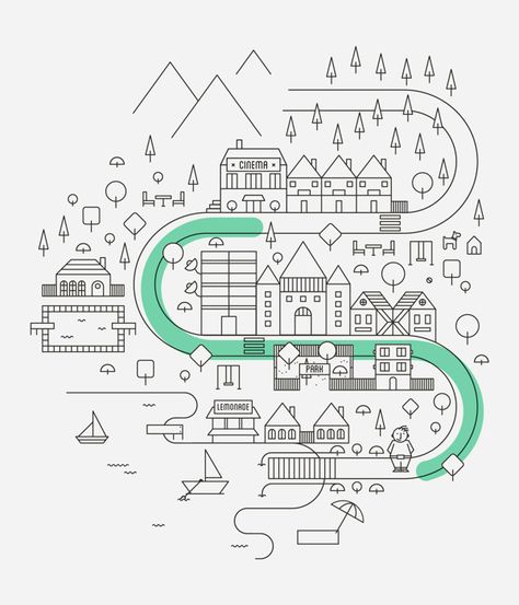 Sticktown on Behance Architecture Graphics, Illustrated Map, Line Illustration, Map Design, Illustration Inspiration, Flat Illustration, Design Graphique, Icon Illustration, Visual Design