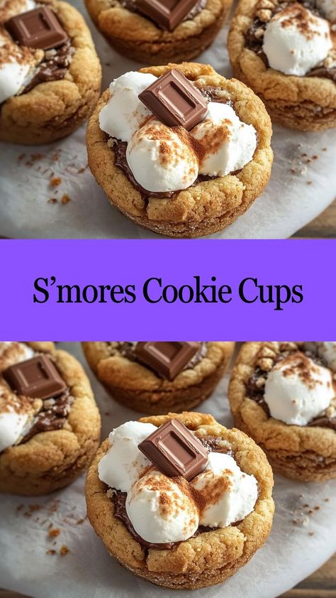 Take your s’mores game to the next level with these irresistible cookie cups—marshmallow and chocolate perfection in every bite! 🍫🔥 #CookieCupPerfection #S’moresDelight #SweetEscape #S’moresTreats #ChocolateAndMarshmallow #TinyIndulgences #BakingGoodness #SnackSizedSweets #ComfortInABite #TreatYoSelf Smores Cups Mini, S'mores Bites, Cookie Smores Cups, Smore Cookie Cups, S’more Cookie Cups, Dessert Recipes With Marshmallows, S’mores Bites, S’mores Cups, Smore Bites