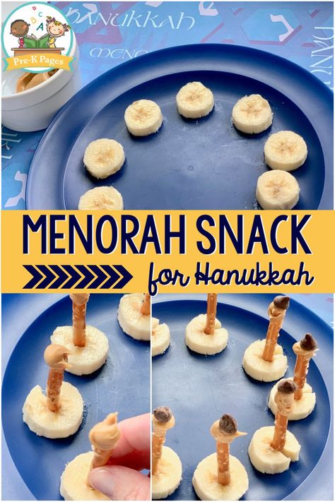 Hanukkah snack for preschool. Did you know that Hanukkah begins at sunset on December 10, 2020? There are many Christmas activities for kids out there, but I have found very few for Hanukkah. Here is a super easy and tasty Hanukkah snack you can make at home or in the classroom along with a list of my favorite Hanukkah books. Head over to the blog to get the Hanukkah Menorah Recipe and see the full book list. #Hanukkah #menorah #snack Hannukah Lessons For Kids, Hanukkah Activities For Preschoolers, Hannukah Activities For Kids, Preschool Chanukah Activities, Hanukkah Snacks For Kids, Hanukkah Recipes For Kids, Hanakkuh Crafts For Kids, Hanukkah Food For Kids, Hanukkah Activities For Kindergarten