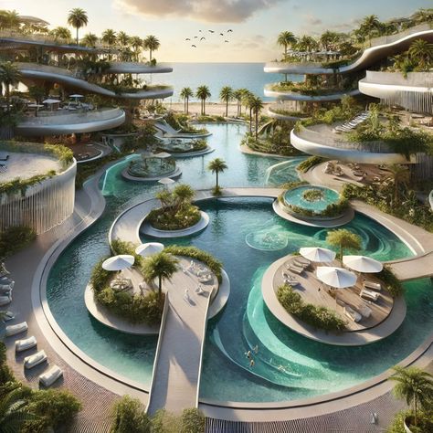 Organic Pool Design, Resort Swimming Pool, Resort Concept Architecture Ideas, Resort Exterior Architecture, Tropical Resort Design, Floating Resort Architecture, Eco Resort Architecture Concept, Beach Resort Design, Beach Resort Architecture Concept