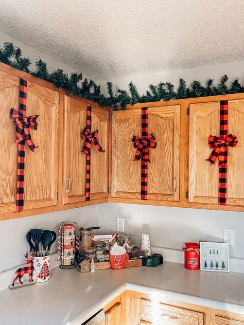 Brown Cabinets Christmas Decor, Cupboard Christmas Decorations, Kitchen Cabinet Ribbon Christmas, Kitchen Cabinet Top Decorating Ideas For Christmas, Above Cupboard Christmas Decor, Over The Cabinet Christmas Decor, Wrapped Cabinets Christmas, Kitchen Cabinets Christmas Decorations, Above Cabinet Christmas Decor Kitchen