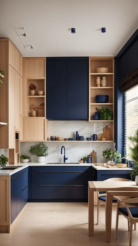 Blue Wooden Kitchen Cabinets, Blue Contemporary Kitchen, Navy And Light Wood Kitchen, Small Kitchen Trends 2024 Interior Design, Home Design 2024, Wood And Blue Kitchen, Kitchen Ideas 2024, Blue Kitchen Modern, Blue And Wood Kitchen