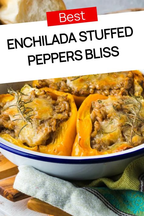 Enchilada stuffed yellow peppers with melted cheese on top in a white dish. Stuffed Ground Beef, Enchilada Stuffed Peppers, Enchilada Filling, King Of The North, Best Enchiladas, Cheesy Enchiladas, Minced Beef Recipes, Ground Beef Enchiladas, Beef Enchilada