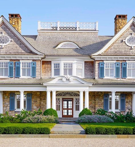 A closer look at the front exterior of our new Oceanfront Shingle home Hamptons Architecture, Nantucket House, Blue Shutters, Exterior Inspiration, Shingle Style Homes, Beach House Exterior, Cape House, Hamptons House, Island Home