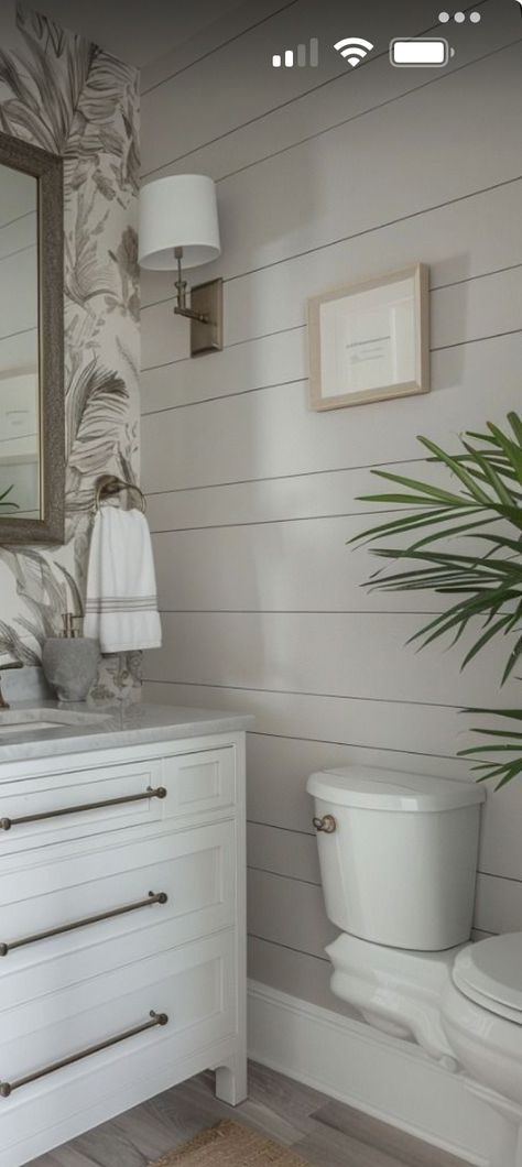 Modern Coastal Powder Room, Neutral Small Bathroom, Tropical Powder Room, Modern Farmhouse Half Bath, Farmhouse Half Bath, Half Bathroom Wallpaper, Half Bath Wallpaper, Coastal Powder Room, Bath Wallpaper