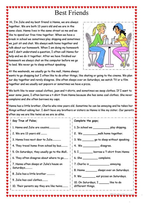 Friends Worksheet, Free Reading Comprehension Worksheets, Reading Comprehension Texts, Reading Comprehension For Kids, Esl Reading, Reading Comprehension Lessons, Worksheet For Kids, Free Friends, English Worksheets For Kids